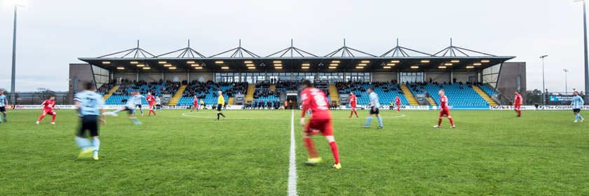 Photograph of the main stand at Ballymena Showgrounds