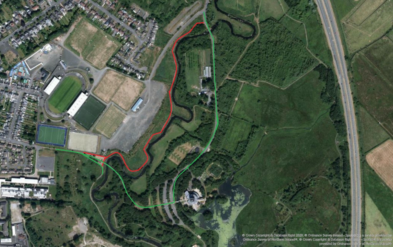 Map of ECOS site with closed path highlighted in red and open path highlighted in green.
