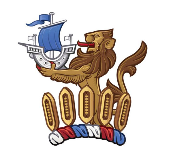 The Crest of the Mid & East Antrim Coat of Arms depicting a lion holding a ship in full sail