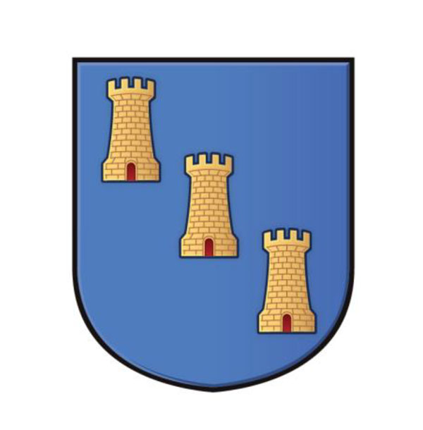 The Shield from the Mid & East Antrim Coat of Arms depicting 3 castle towers on a blue shield.