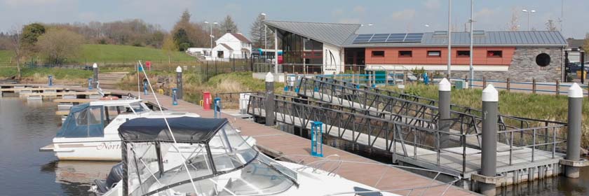 view of Portglenone marina from the jetty with a few boats in the foreground