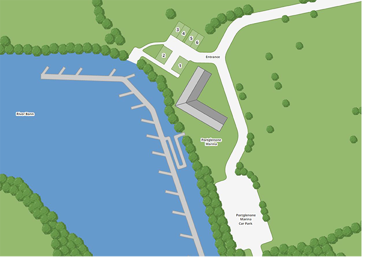 map of Portglenone Marina showing the pitches for motorhomes