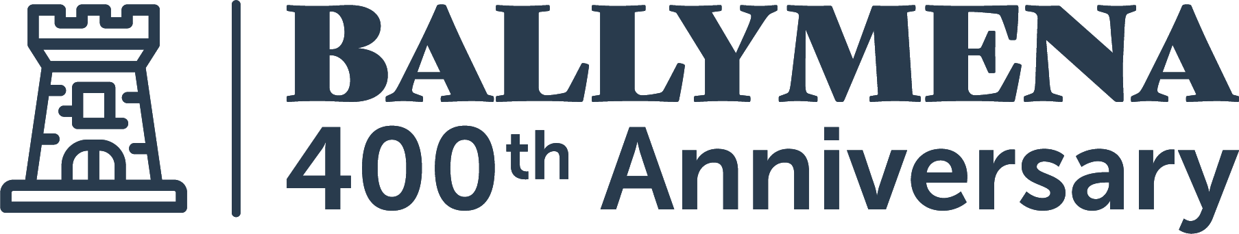 Logo with a castle tower and words Ballymena 400th Anniversary