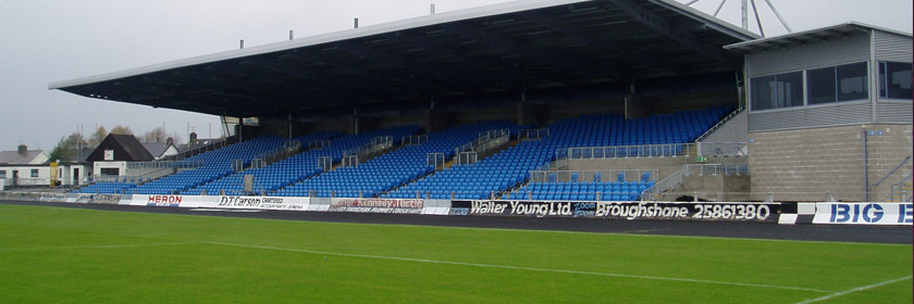 Photograph of the main stand at the Ballymena Showgrounds