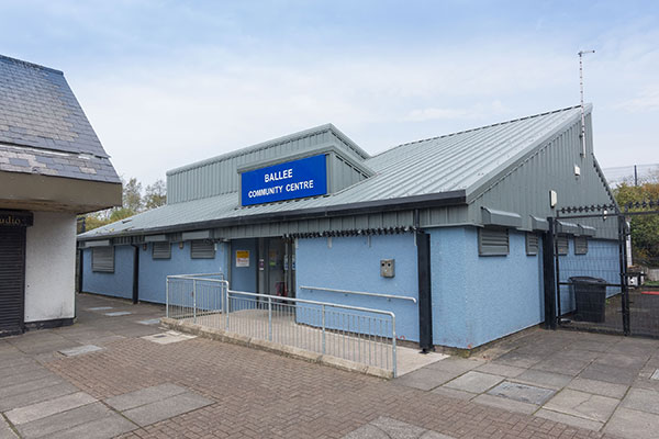 Entrance to Ballee Community Centre, with ramped access.