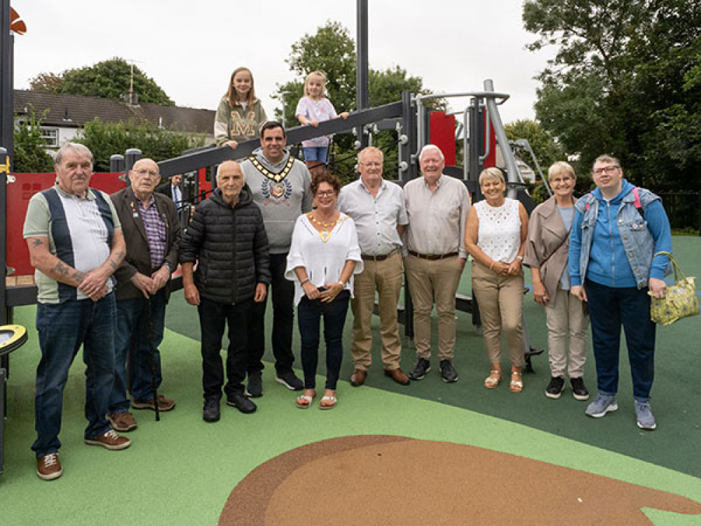 Ahoghill community join the Mayor and Deputy Mayor to celebrate the new play park.