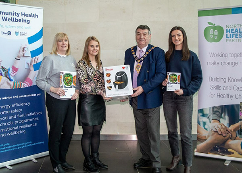 Pictured with the Mayor of Mid and East Antrim, Alderman Noel Williams, are Karen Bruce (Environmental Health Officer) Sandra Anderson of the Northern Healthy Lifestyles Partnership and on the right is Orlagh McCaughan (Business and Community Support Offi