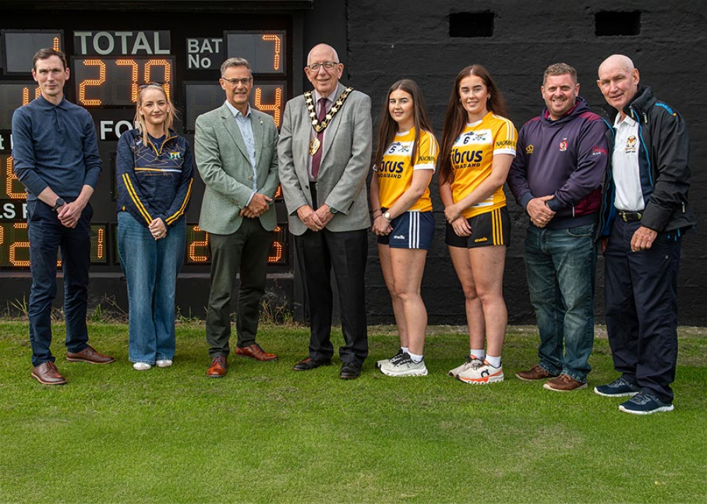 (L-R) Eamon McMullan, Regeneration Manager MEABC, Emma O’Reilly, St John’s Camogie Club, Carnlough, Philip Thompson, Director of Community MEABC, Cllr Jackson Minford, Mayor of Mid & East Antrim Borough Council, Orlaith Petticrew & Eva Lee, St John’