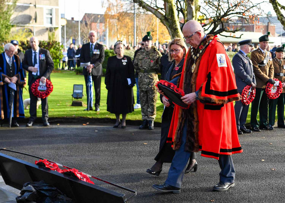 Mayor of Mid and East Antrim, Councillor Jackson Minford, and Interim Chief Executive of Mid and East Antrim Borough Council Valerie Watts lay a wreath on Remembrance Sunday in Ballymena.