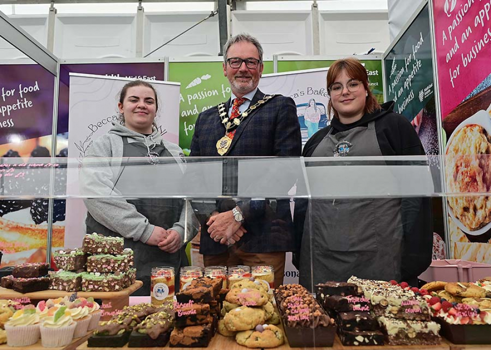 Mayor of Mid and East Antrim, Alderman William McCaughey with representatives from Becca’s Bakes NI.