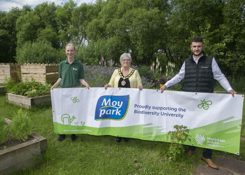 Marlene Gattineau Parks & Open Spaces, Deputy Mayor Councillor Beth Adger, Alastair Robinson Moy Park (with banner)