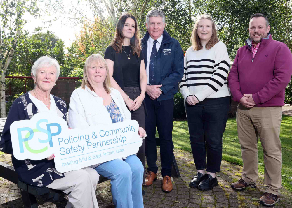 (L-R) Audrey Wales, Chairperson BRAC, Sharon Maxwell, PCSP Vice Chair, Carolyn Crawford Area Manager NIHE, Roy McClean Assistant Area Manager NIHE, Cllr Lauren Gray, PCSP Chairperson and Roy Smyth, Chairperson Ballymena BID