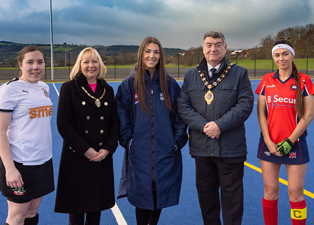 Kathryn Baird, Captain of  Newry Olympic 1st XI; Mid & East Antrim Mayoress; Jessica McKee, Jeanius men’s clothing store, Carrickfergus; Mid&East; Antrim Mayor Alderman Noel Williams; and Lyndsey McClurg, Captain of Castle 1st XI.