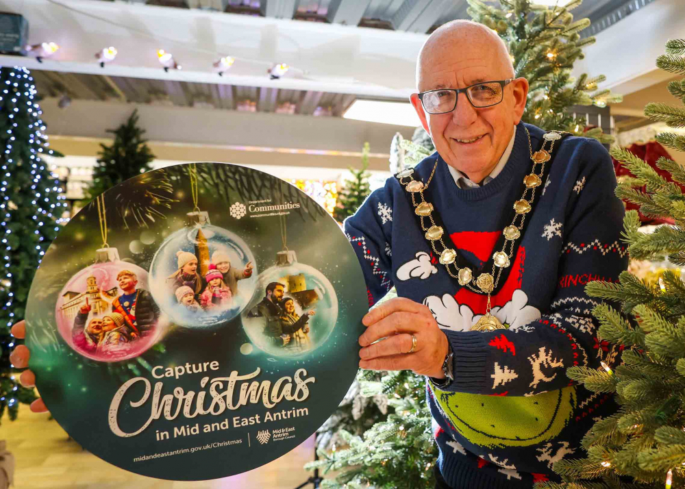 Mayor of Mid and East Antrim, Cllr Jackson Minford launching  Christmas 2025 in the Borough