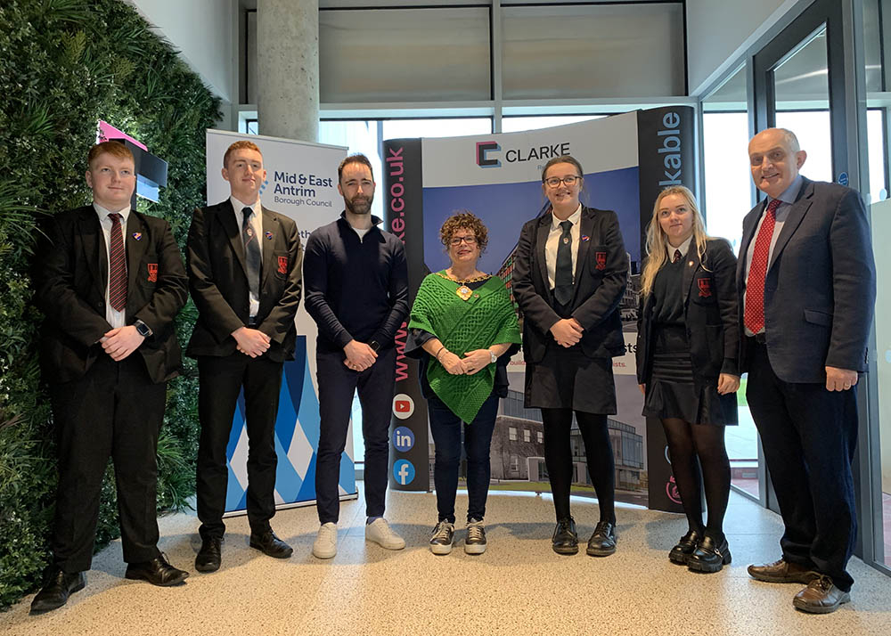 Ballymena Academy pupils with Eugene Clarke, CEO, Clarke; Mayor of Mid and East Antrim, Alderman Gerardine Mulvenna; and Mr. Heaney from Ballymena Academy