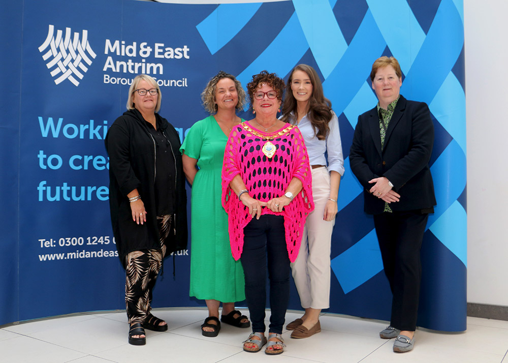 (L-R) Valerie Guthrie Dementia Adviser (Alzheimer’s Society), Alison Adams Dementia Adviser (Alzheimer’s Society), Mayor Alderman Gerardine Mulvenna, Amanda Cotter DEA Officer and Jackie Patton Head of Community Planning and Development.