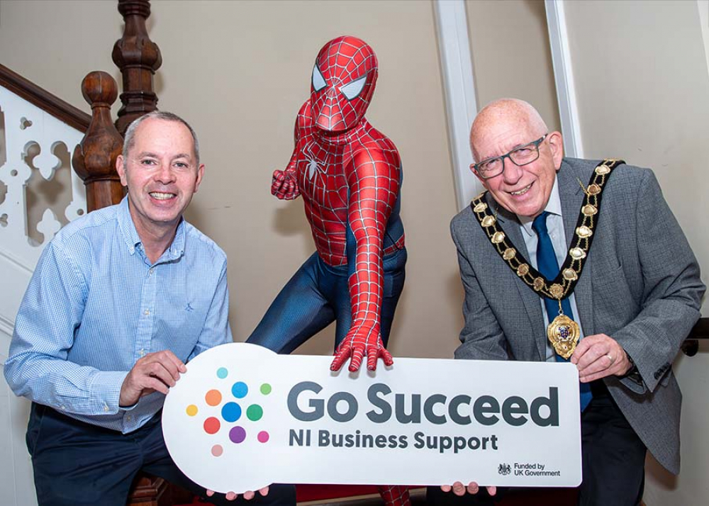 Mayor of Mid and East Antrim, Councillor Jackson Minford, is pictured with David McFaul, Dream Out Loud Entertainment NI, and Sean Keenan, Economic Development Officer MEABC.