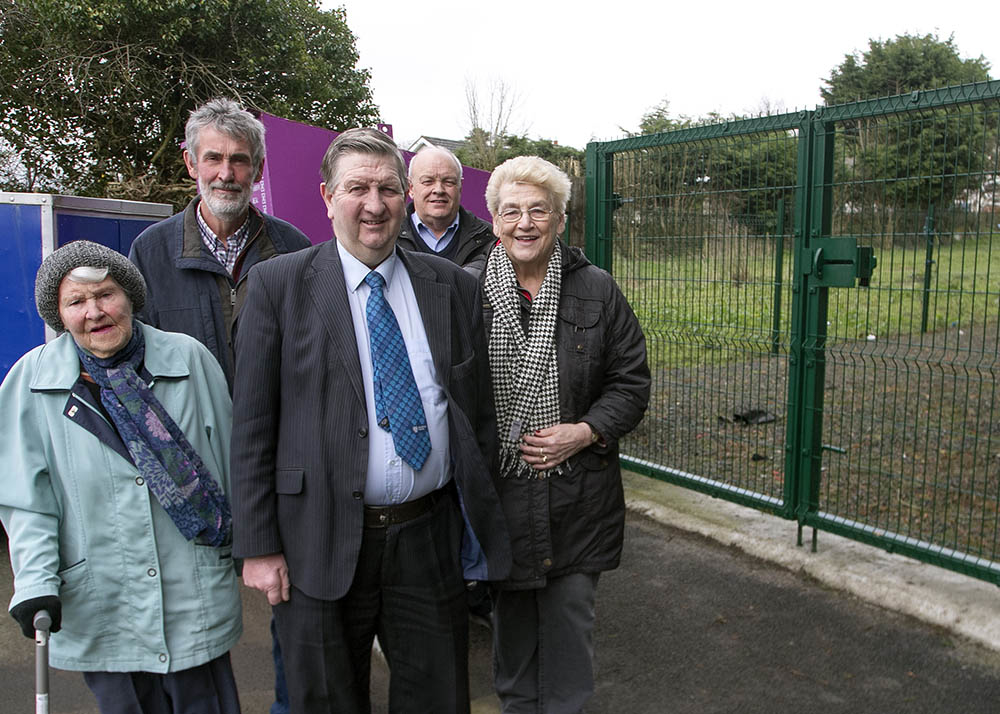 Cllr William McNeilly, pictured with Community Association members, Anne Cameron, Nora Neeson, Dessie Dixon and Stuart Knowles at the proposed new play park site in The Grange.