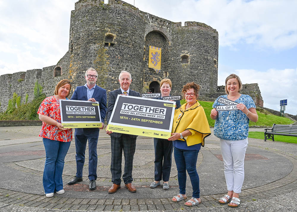 Celebrating Good Relations Week 2023 are Julie Cormack, Northern Ireland Executive Office, Peter Day, Director of Community Engagement at the Community Relations Council, Chair of the Community Relations Council Martin McDonald MBE, Jackie Patton, Head of