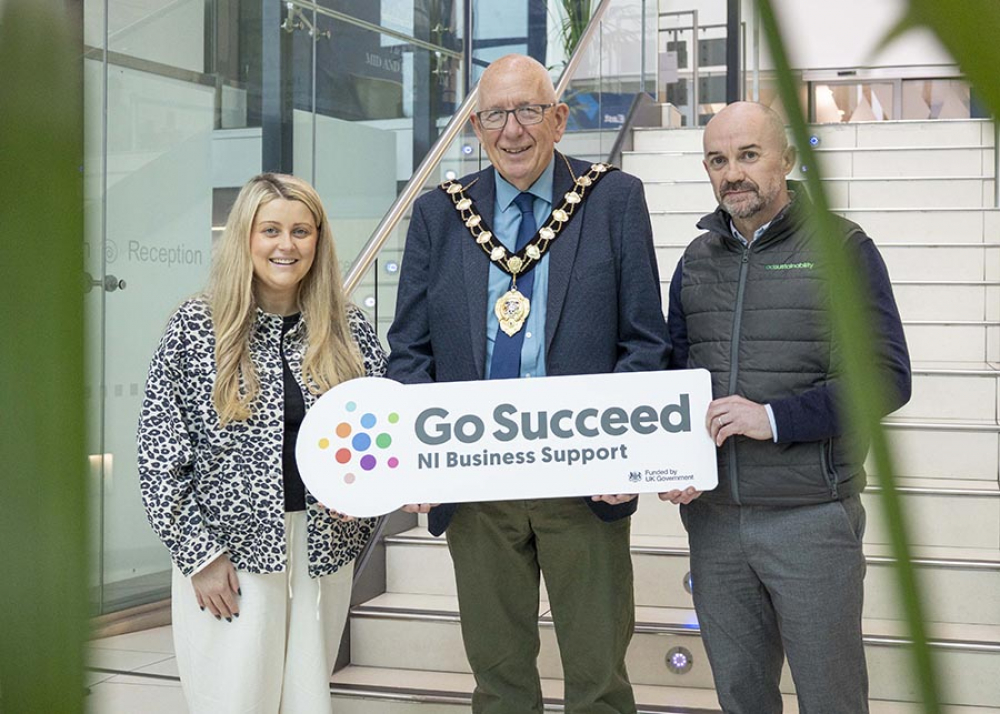 Mayor of Mid and East Antrim, Councillor Jackson Minford, is pictured with Laura McCourt, Business Client Manager, and Adrian Davis of AD Sustainability Consultancy Ltd, Larne, announcing the second phase of the Green to Grow initiative.