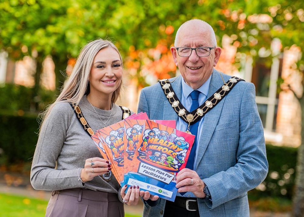 Mayor of Antrim & Newtownabbey, Cllr Leah Kirkpatrick, and Mayor of Mid & East Antrim, Cllr Jackson Minford, launching the Healthy Heroes programme.