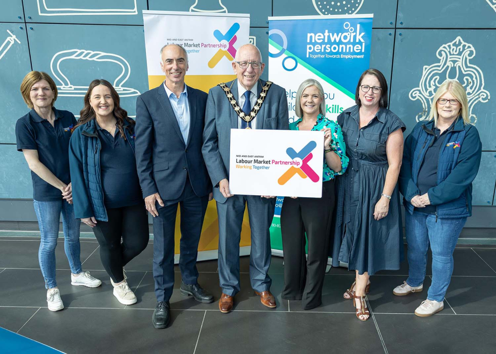 Mayor of Mid and East Antrim, Councillor Jackson Minford, is pictured with Noel Mullholland, Michelin Development Ltd, Adele McIvor, Network Personnel, and Rhonda Lynn, Denise Mayo, Hayley Barr and Danielle Gillan, MEABC