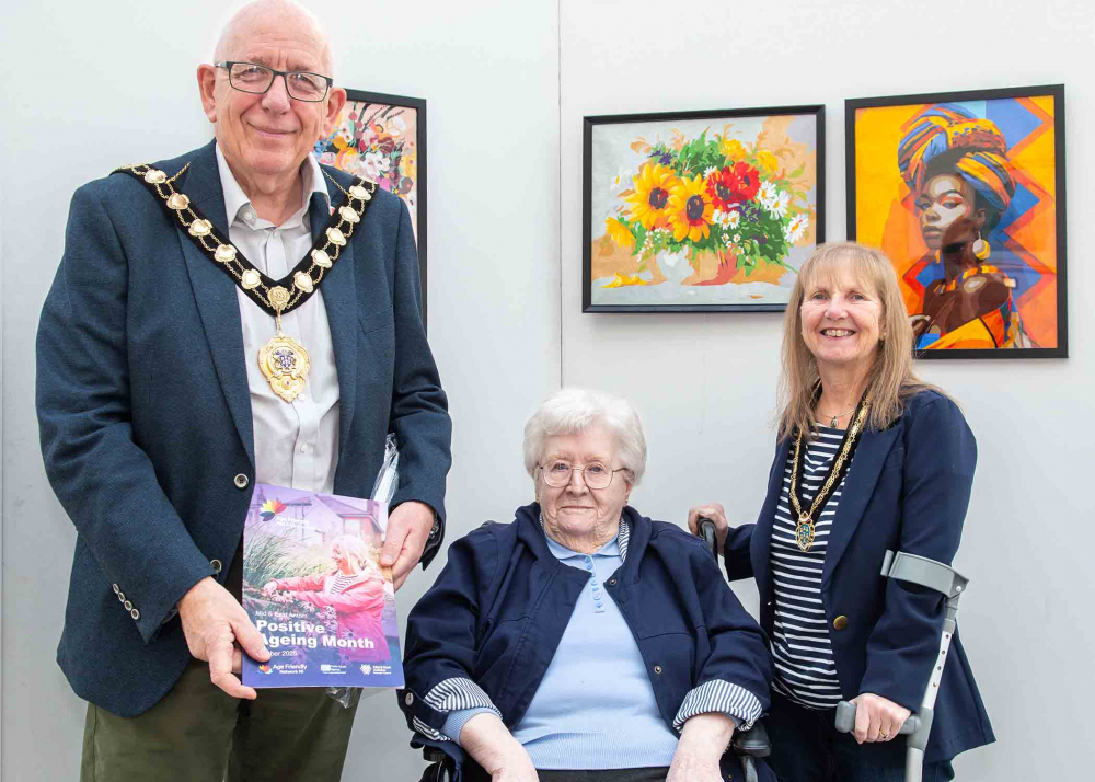 Mayor and Mayoress of Mid and East Antrim, Councillor Jackson Minford and Allison Minford, pictured with Margaret Cowie