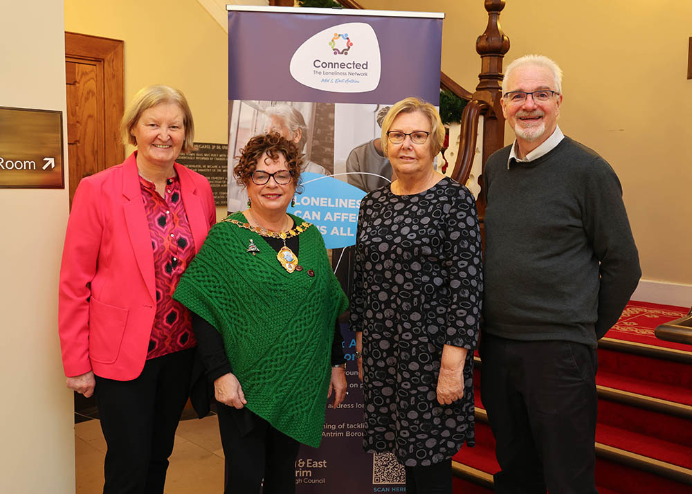 Anne O’Reilly (Northern Health and Social Care Trust Chair), The Mayor Ald Gerardine Mulvenna, Marjorie Hawkins (Mid and East Antrim Loneliness Network Chairperson), Hugh Nelson (Head of Community Wellbeing NHSCT).
