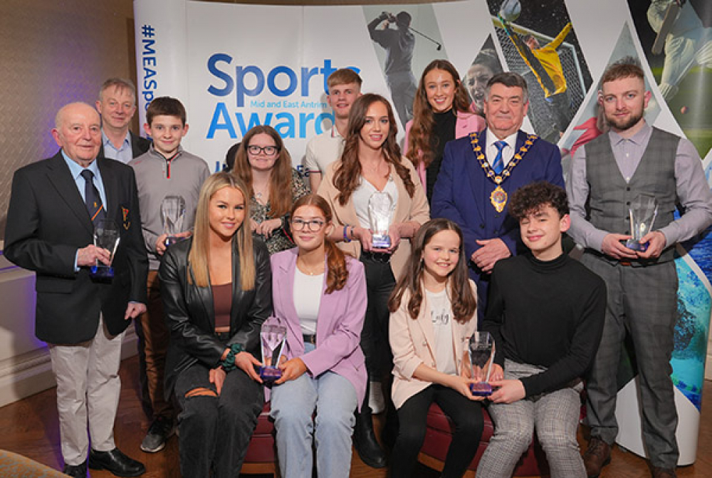 Mayor of Mid & East Antrim along side all of the winners at the MEA Sports Awards 2023