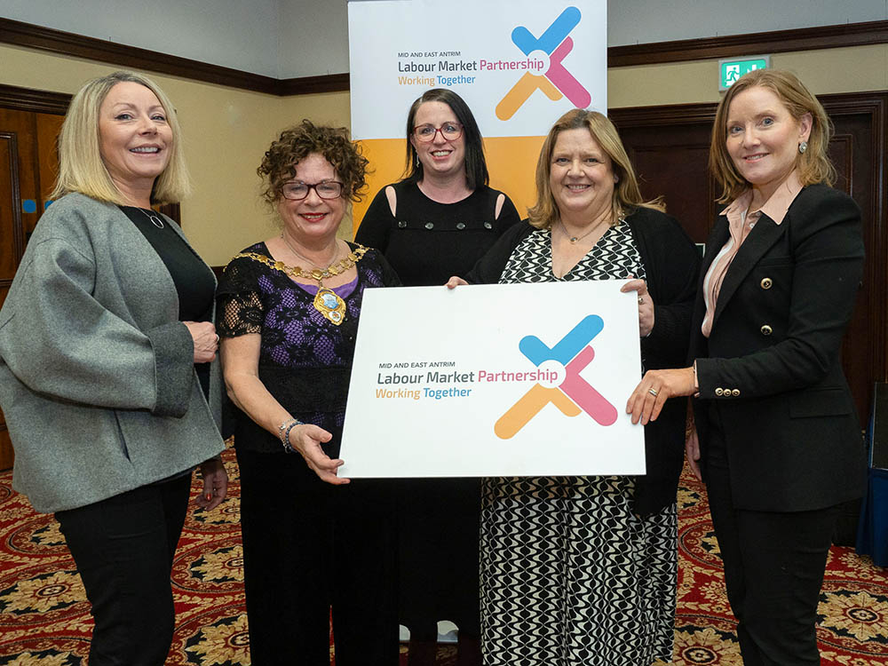 Photo caption 1: Laura Reid (Department for Communities), Mayor of Mid and East Antrim Alderman Gerardine Mulvenna, Rhonda Lynn (MEA), Edyth Dunlop (Northern Ireland Union of Supported Employment) and Ursula O’Loughlin (MEA).