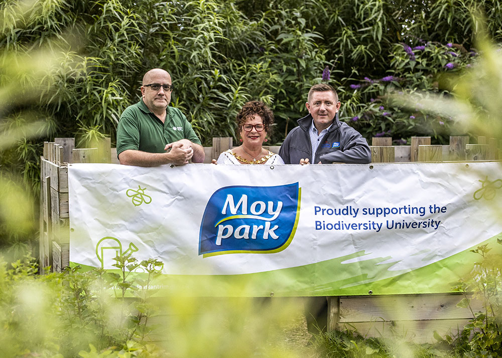 Chris Wood, Woodland Engagement Officer, Parks and Open Spaces Development Team, MEABC, and Johnny Topley, Regional Sustainability Manager, Moy Park pictured with Mayor of Mid and East Antrim, Alderman Gerardine Mulvenna.