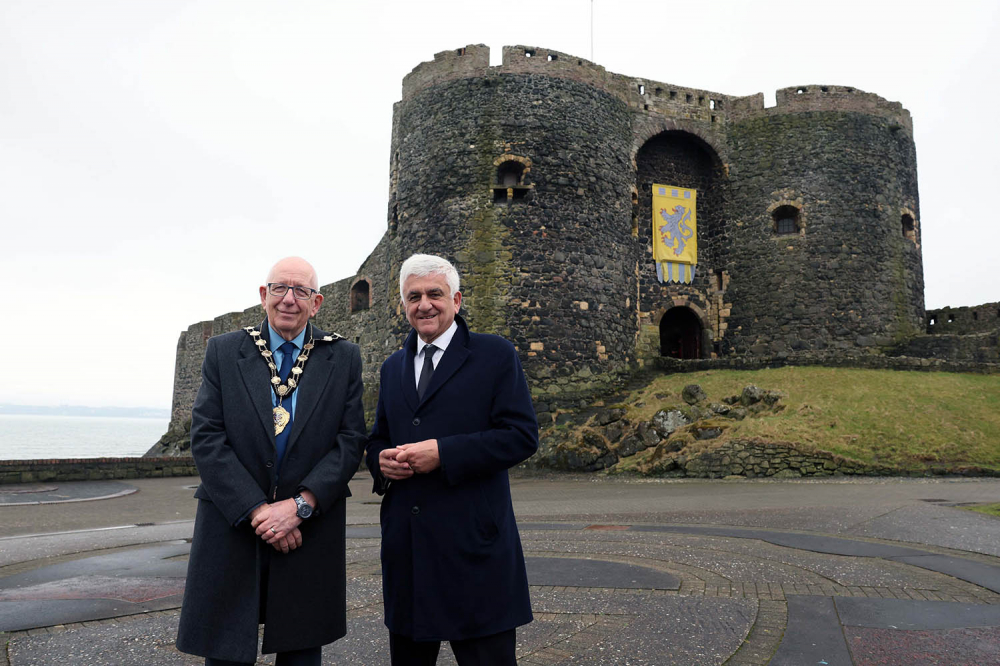 Mayor of Mid and East Antrim, Councillor Jackson Minford, with Hervé Morin, President of the Regional Council of Normandy, at Carrickfergus Castle