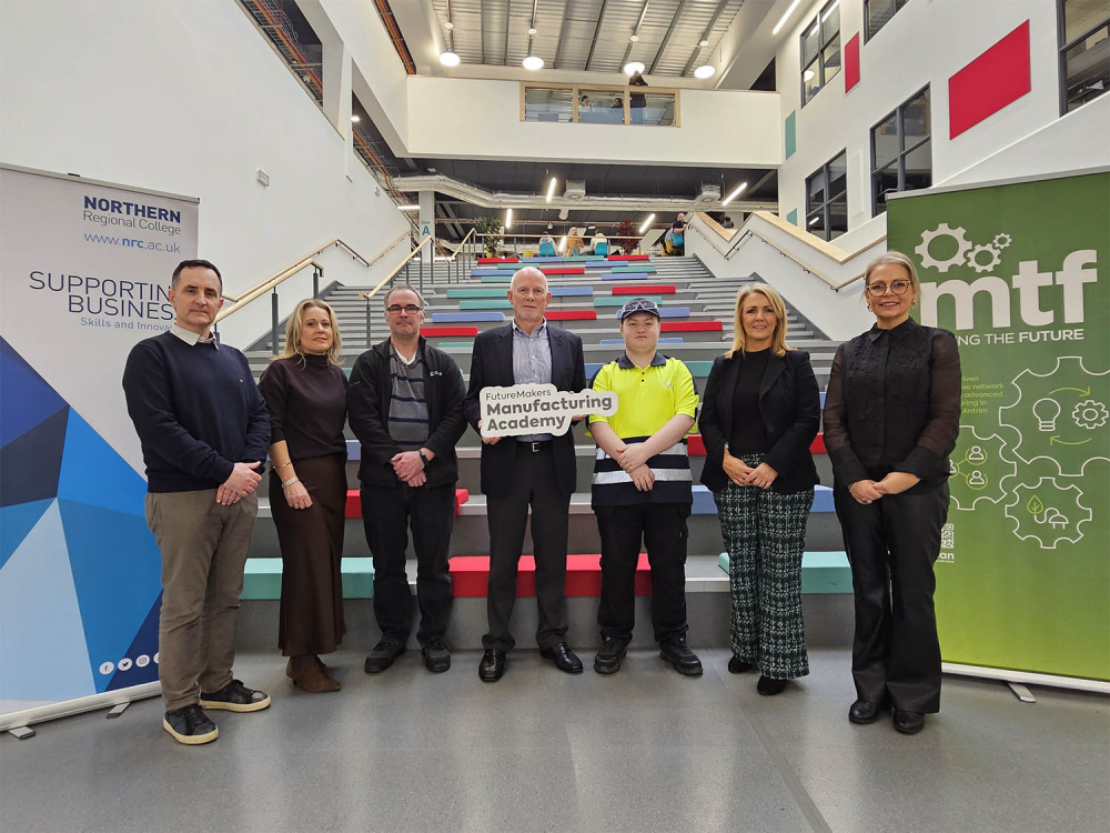 John McClintock and Pamela Steele from Northern Regional College; Patrick McNeill, former FutureMakers Academy participant and Clarke employee; MTF chairman David Watson; Logan Godfrey, past FutureMakers Academy participant and Wrightbus employee; Donna M