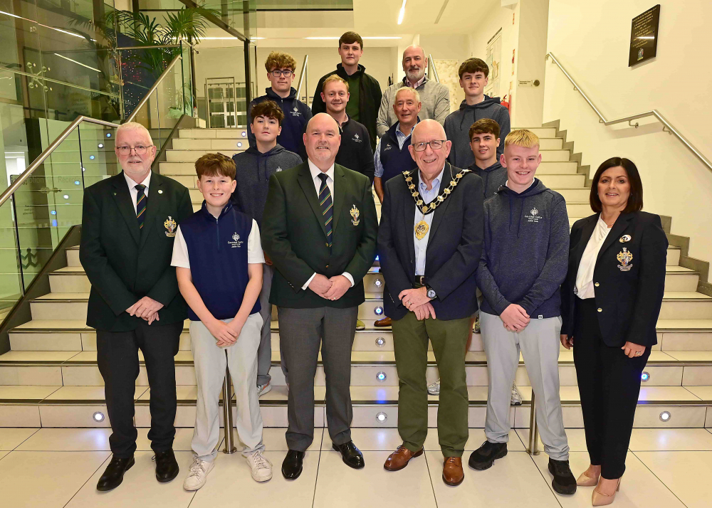 Mayor of Mid and East Antrim, Councillor Jackson Minford, pictured with representatives from the Galgorm Golf Club and its players.