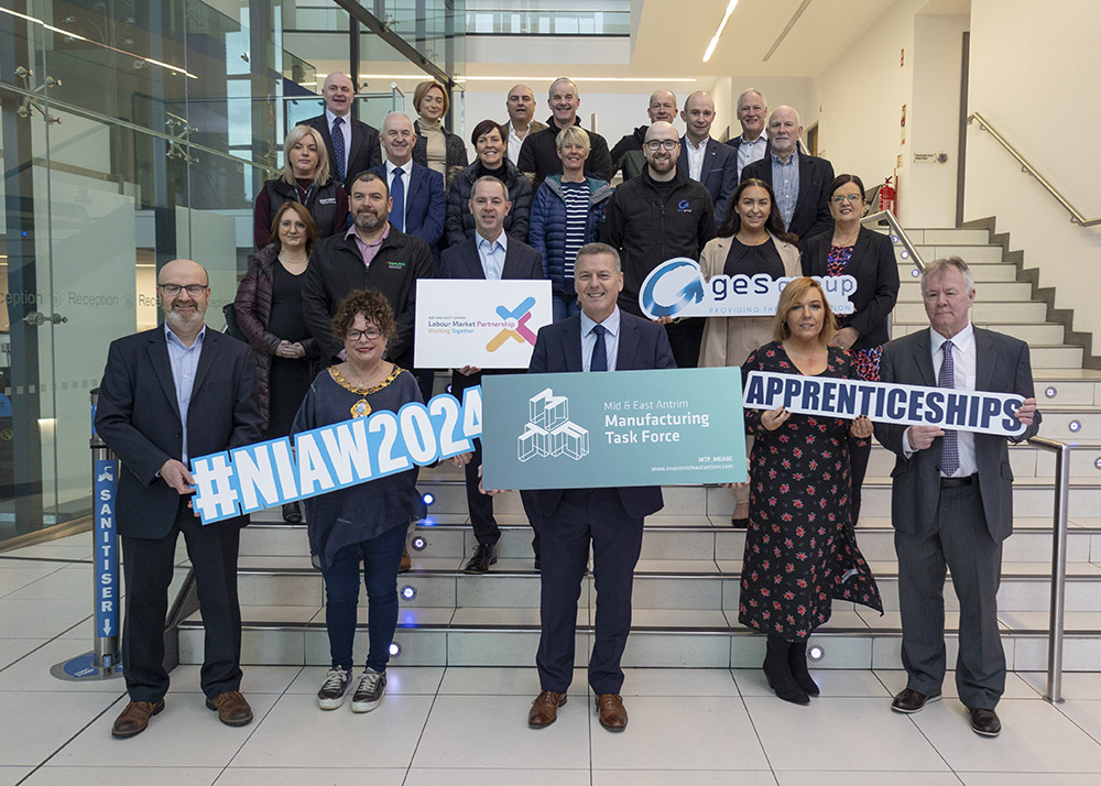 Representatives from member companies of the Manufacturing Task Force with (at front L-R) Michael Harris, Department for the Economy, Mayor Ald. Gerardine Mulvenna, Graham Whitehurst MBE, Chair of the Mid and East Antrim Manufacturing Task Force, Maeve C