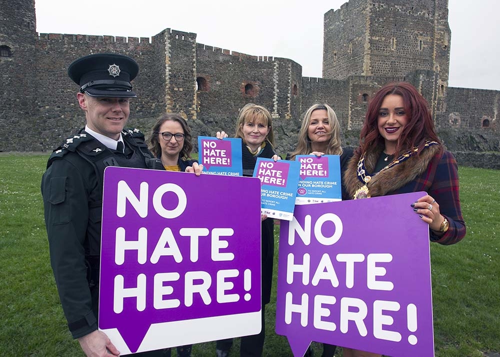 Mayor of Mid & East Antrim, Cllr Lindsay Millar, pictured launching the No Hate Here campaign at Carrickfergus along with Chief Inspector, Michael Simpson, Mid & East Antrim Council Director of Community, Katrina Morgan, and Natasha Taylor and Boryana Tad