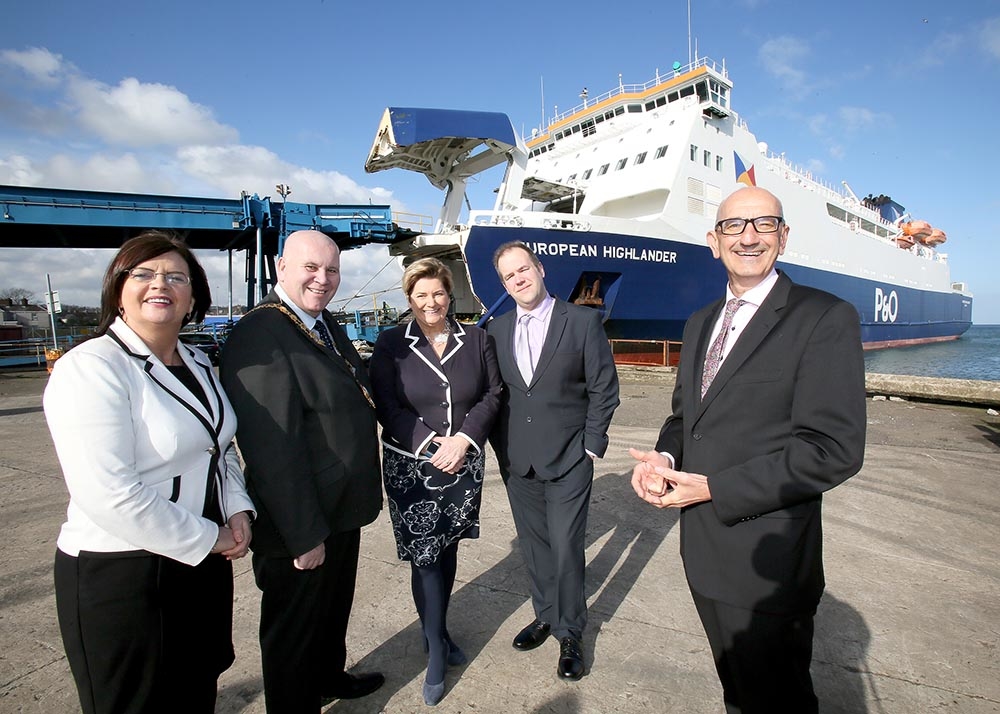 Karen Hastings, the Council’s Investment and Place Manager; Mayor of Mid & East Antrim Council, Cllr Paul Reid; Kim Swan, P&O Ferries Head of Freight, Irish Sea; Anthony Van Damme, Harbour Master for Port of Larne; and Roger Armson, P&O Ferries Head of