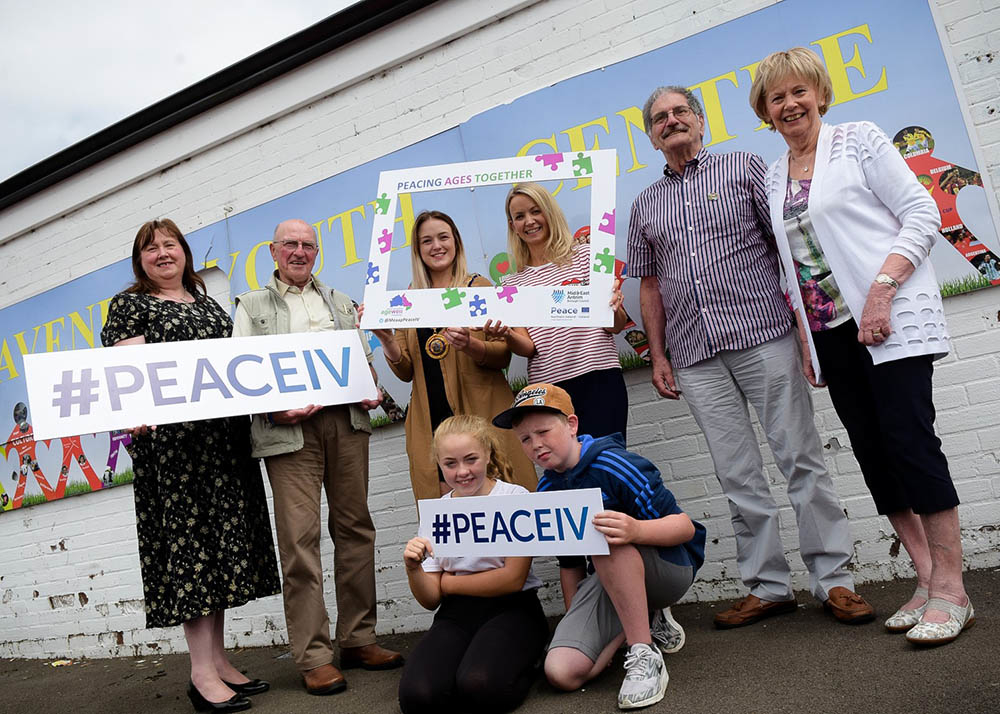Deputy Mayor Cllr Cheryl Johnston with Alderman Maureen Morrow Chairperson of the Mid and East Antrim Peace IV Partnership, MEAAP Peace IV Project Officer Sarah McLaughlin and representatives from Doury Road Youth Group and Alzheimer’s Society