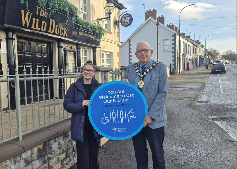 Mayor of Mid and East Antrim, Councillor Jackson Minford, pictured with Councillor Anna Henry to announce the Community Toilet Scheme which has launched in Portglenone.