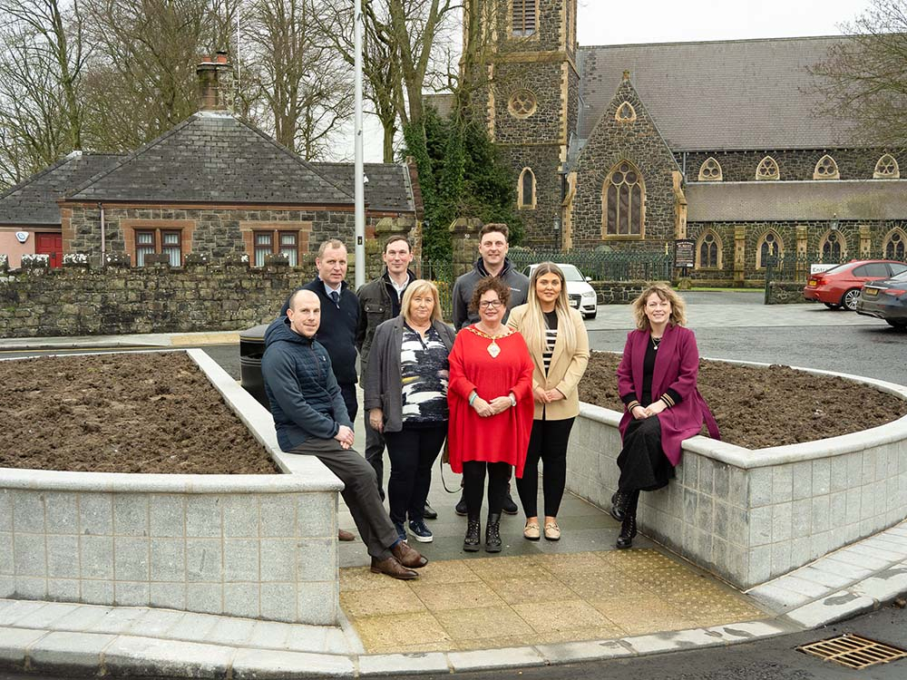 Pictured with the Mayor is:   Kathryn Campbell - Department for Communities Regional Development Office Teresa Campbell – Department for Communities Regional Development Office Eamon McMullan – MEABC Capital Regeneration Manager Rachael Kearns – MEA