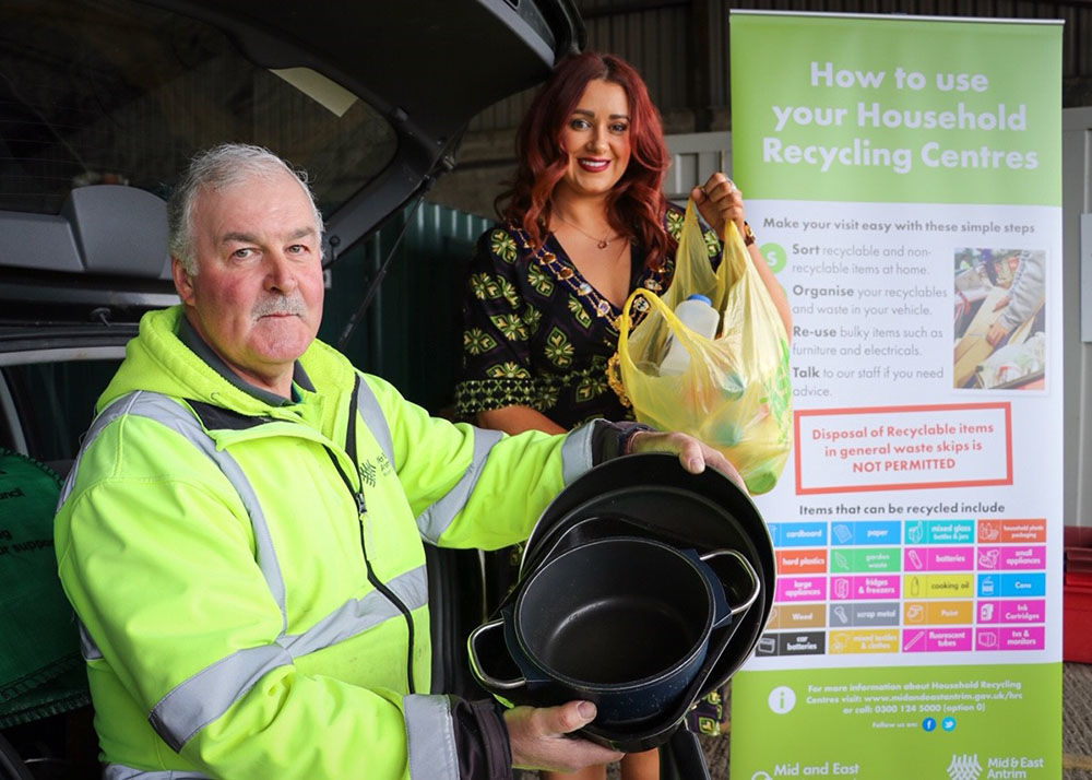 Mayor of Mid and East Antrim Borough Council, Councillor Lindsay Millar, pictured with Martin Gribben, Senior Attendant at Waveney Road HRC.