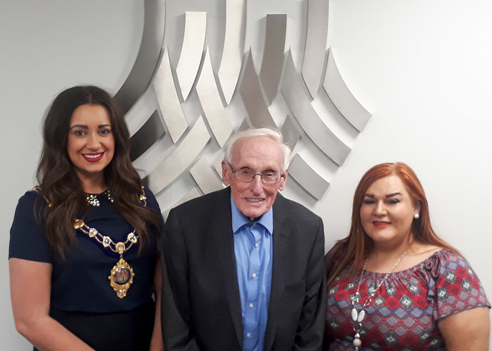 Mayor of Mid and East Antrim Cllr Lindsay Millar, Sir William Wright CBE, and Council Chief Executive Anne Donaghy
