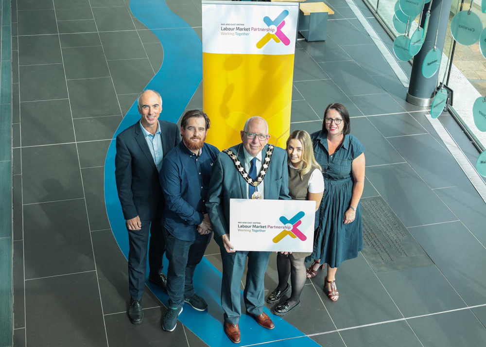 Mayor of Mid and East Antrim, Councillor Jackson Minford, is pictured with Noel Mullholland, Michelin Development Ltd, Paddy Crothers and Serena Gallagher, NOW Group, and Rhonda Lynn, Skills and Entrepreneurship Manager, MEABC.