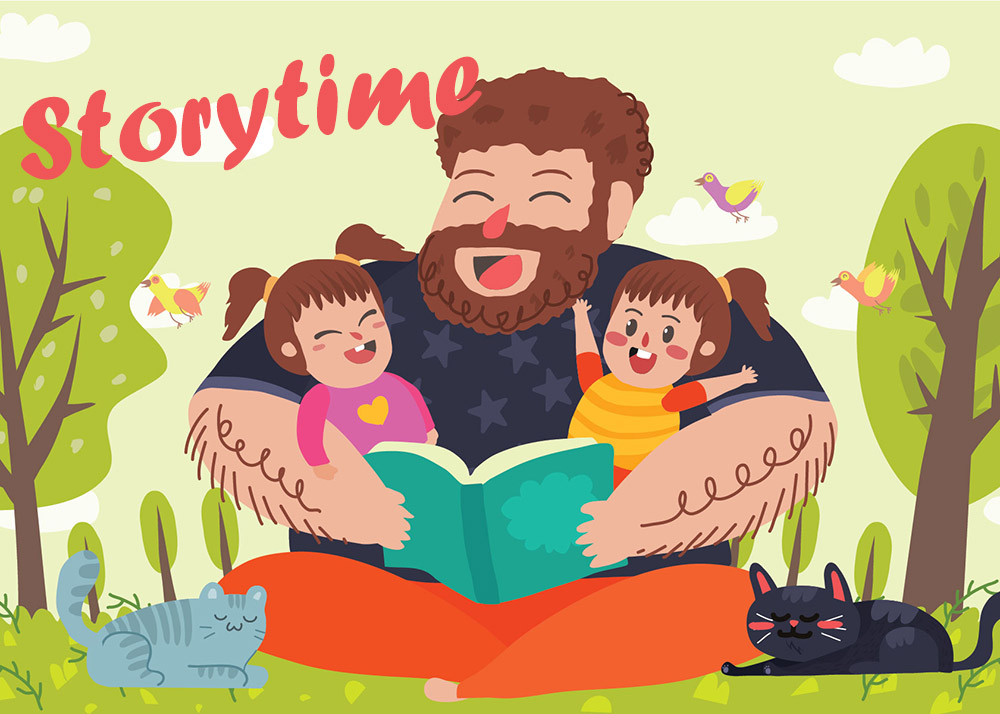 cartoon illustration of a bearded man holding two children in his arms while reading them a story