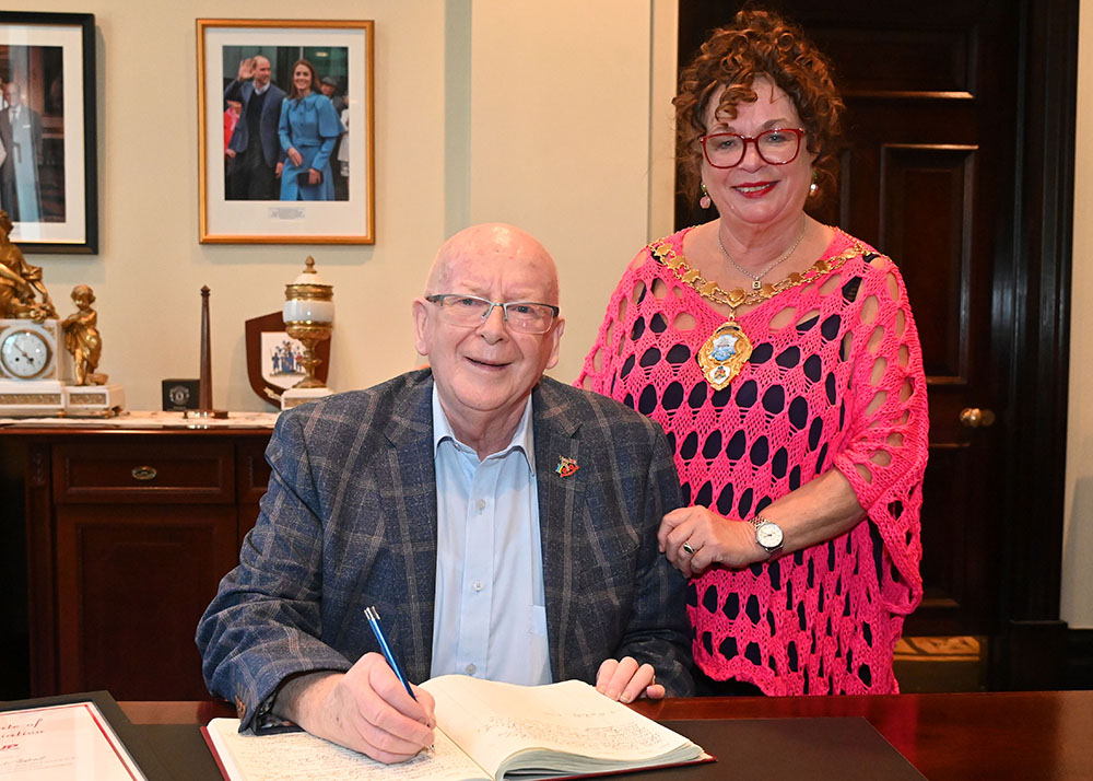 Mayor, Alderman Gerardine Mulvenna, pictured with former Elected Member Tommy Nicholl MBE