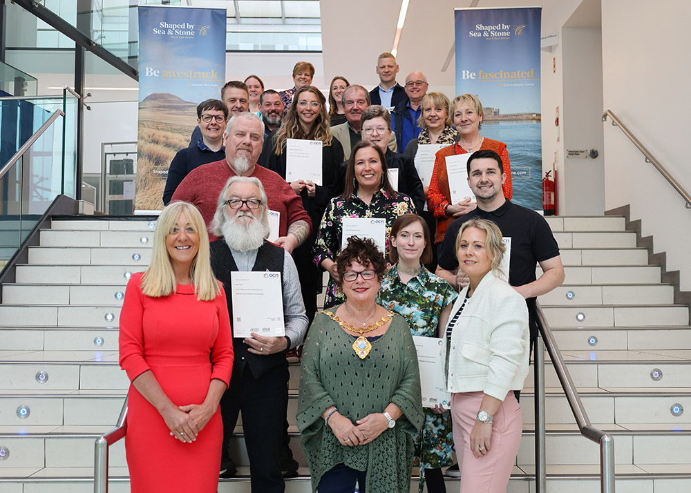 Mayor of Mid & East Antrim, Alderman Gerardine Mulvenna, presented certificates to newly qualified Tour Guides from both the Ballymena and Carrickfergus areas during a ceremony held at The Braid in Ballymena.  The Mayor was joined by representatives from