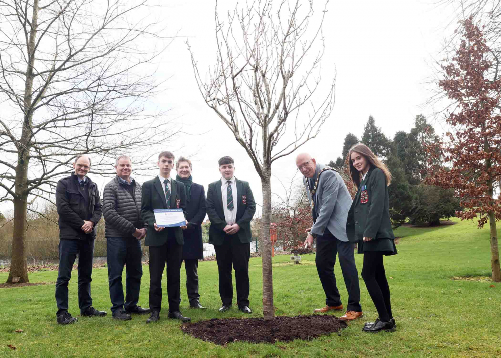 Mayor of Mid and East Antrim, Councillor Jackson Minford pictured with (L-R) David Alexander, Cambridge House Grammar School, Alex Carmichael, Parks & Open Spaces Manager, John McVeigh, Acting Director of Community, and pupils from Cambridge House Grammar