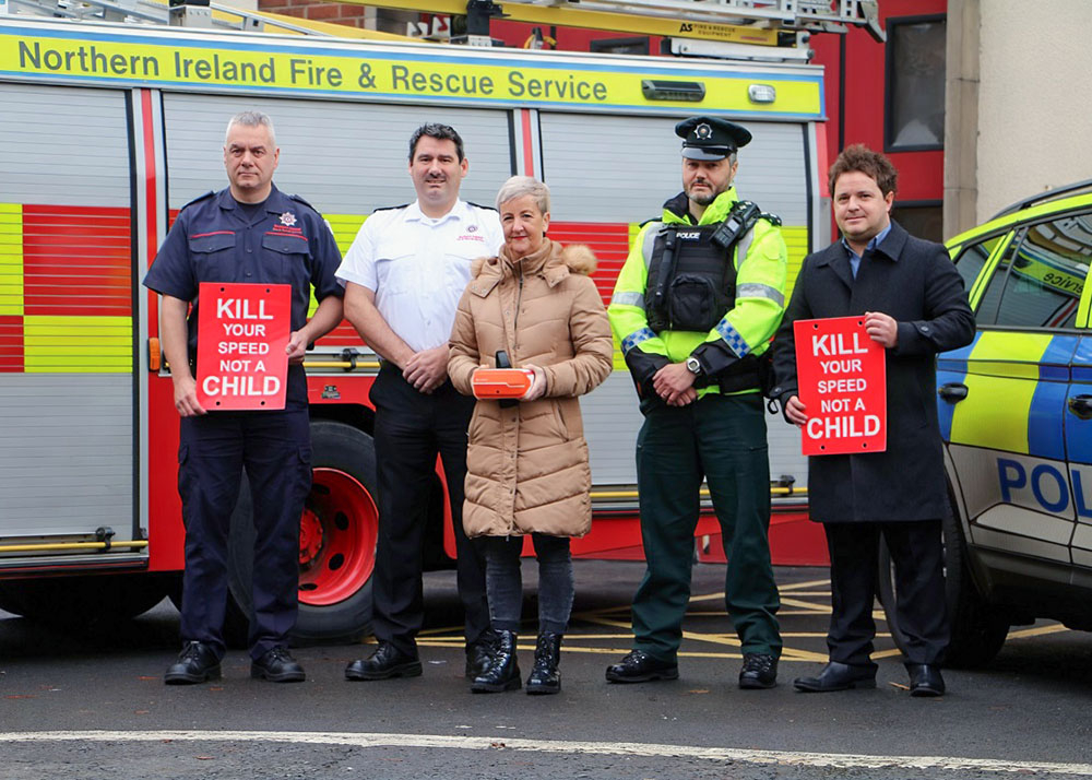 (L-R) NIFRS Watch Commander Stuart Worthington, Station Commander Rick Allen NIFRS, PCSP Chair Councillor Angela Smyth, PSNI District Road Safety Lead Inspector Ben Parkes; Neil Herron DEA Manager MEABC